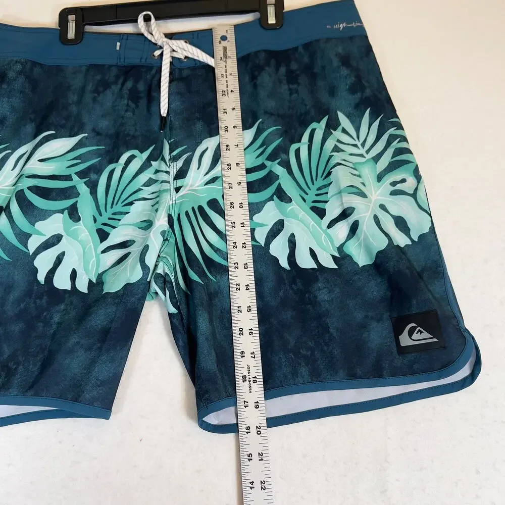 Quiksilver Bathing Suit Men 38W Side Pocket Hook/Loop Fly String Swim Beach Blue